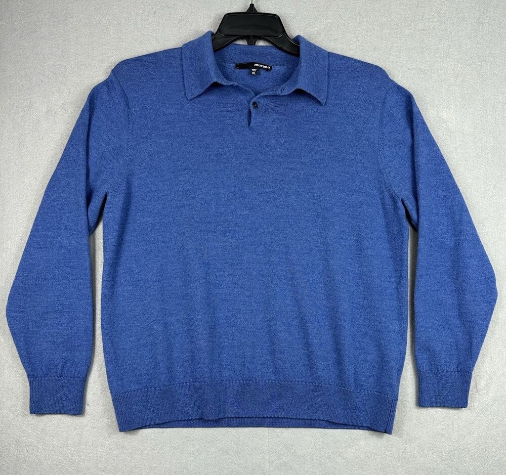 Murano Sweater Men’s XL Blue Polo Knit Long Sleeve 100% Merino Wool Preppy